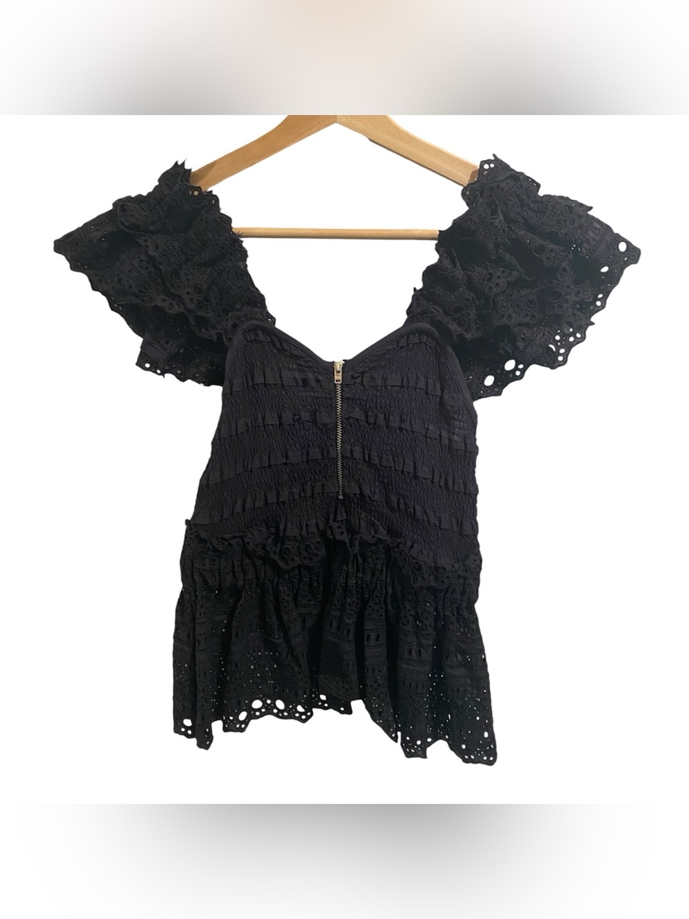 Sea New York Marley Lace Cotton Eyelet Flutter Sleeve Zip Front Peplum Top - Picture 3 of 7